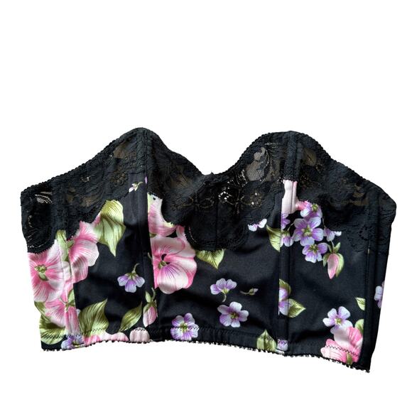Vintage 90s Italian Black Floral Bustier Crop Top with Lace Trim (S, C cup) - Picture 12 of 12